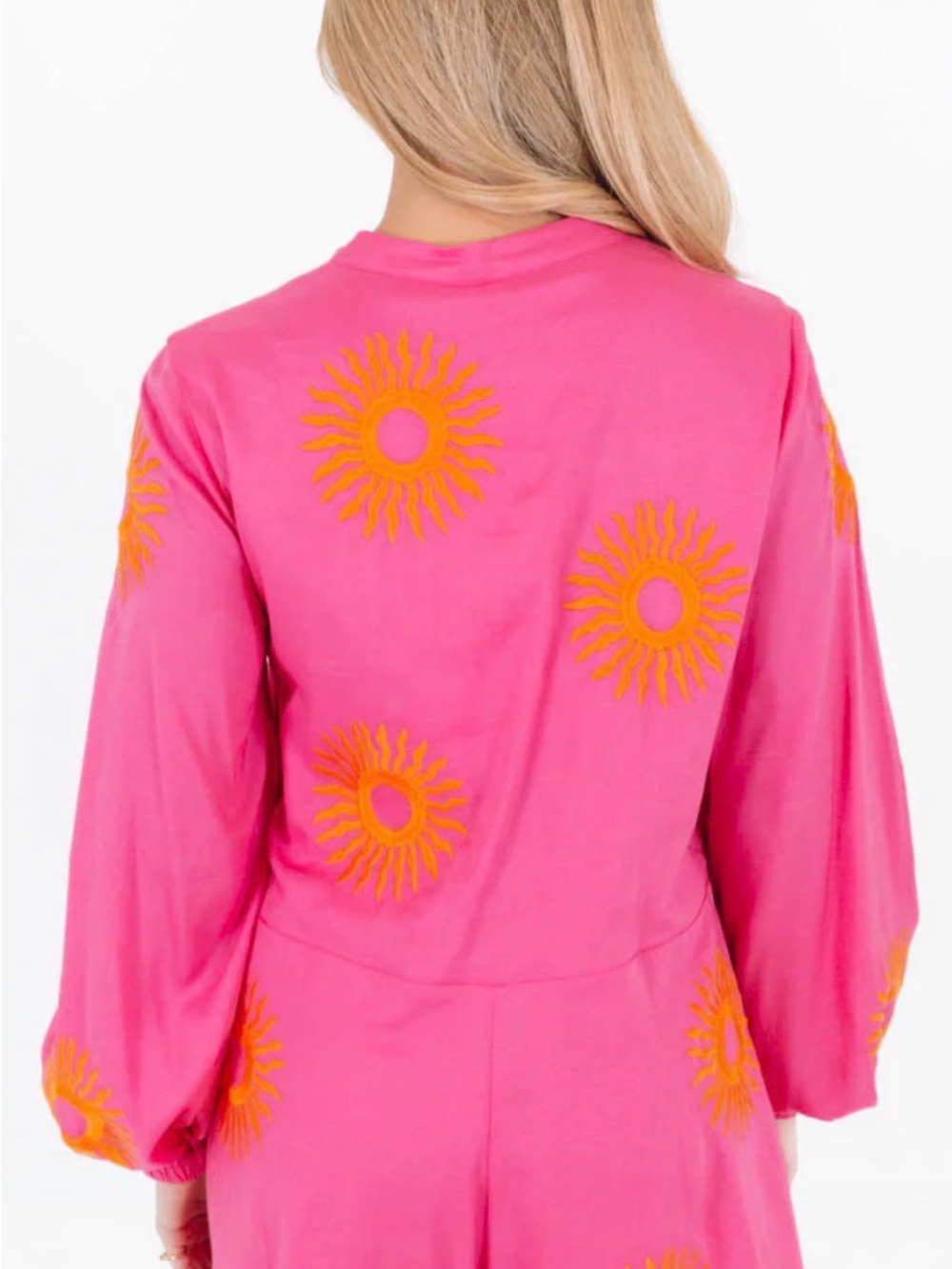 J. Marie Hot Pink Romper with Orange Sunburst Embroidery - Picture 2 of 2